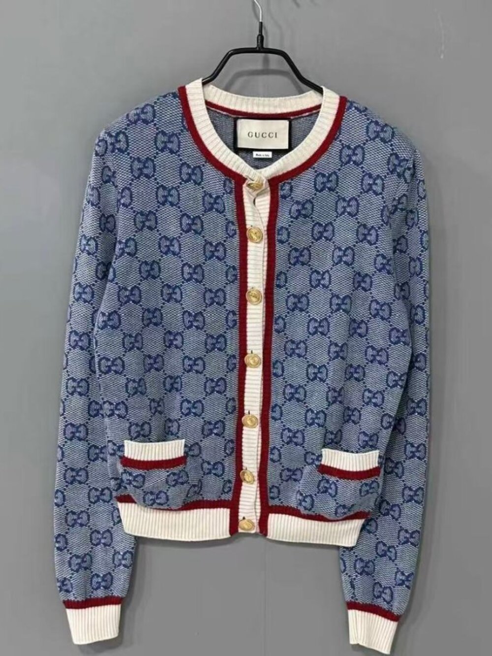 Gucci GG Jacquard Knit Cardigan Red White Trim Sweater